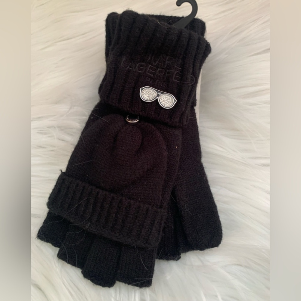 KARL LAGERFELD ladies black NWT 51% acrylic fingerless gloves in ONE SIZE